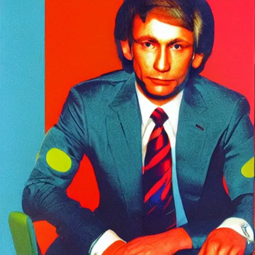 Image similar to portrait of Vladimir Putin looking very sly, bold 80's style, colourful, Memphis Group