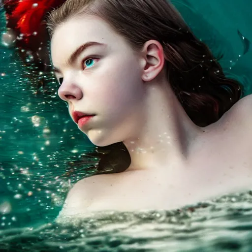 Prompt: a beautiful girl like anya taylor - joy floating under the deep water, white petal, by personal photography, art by brookskim, closeup, 4 k, highly detailed, instagram,