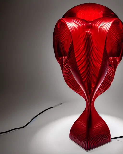 Image similar to sculptural table lamp designed by iris van herpen, red metal, advertising photography