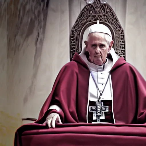 Image similar to sitting in big chair is pope benedict as chancelor palpatine in star wars episode 3, 8 k resolution, cinematic lighting, anatomically correct