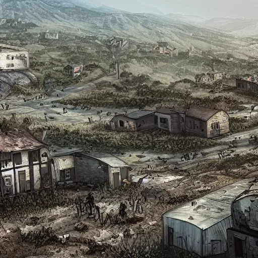 Prompt: A hilltop view of a small town in zombie apocalypse, apocalyptic artstyle, digital art, 4k