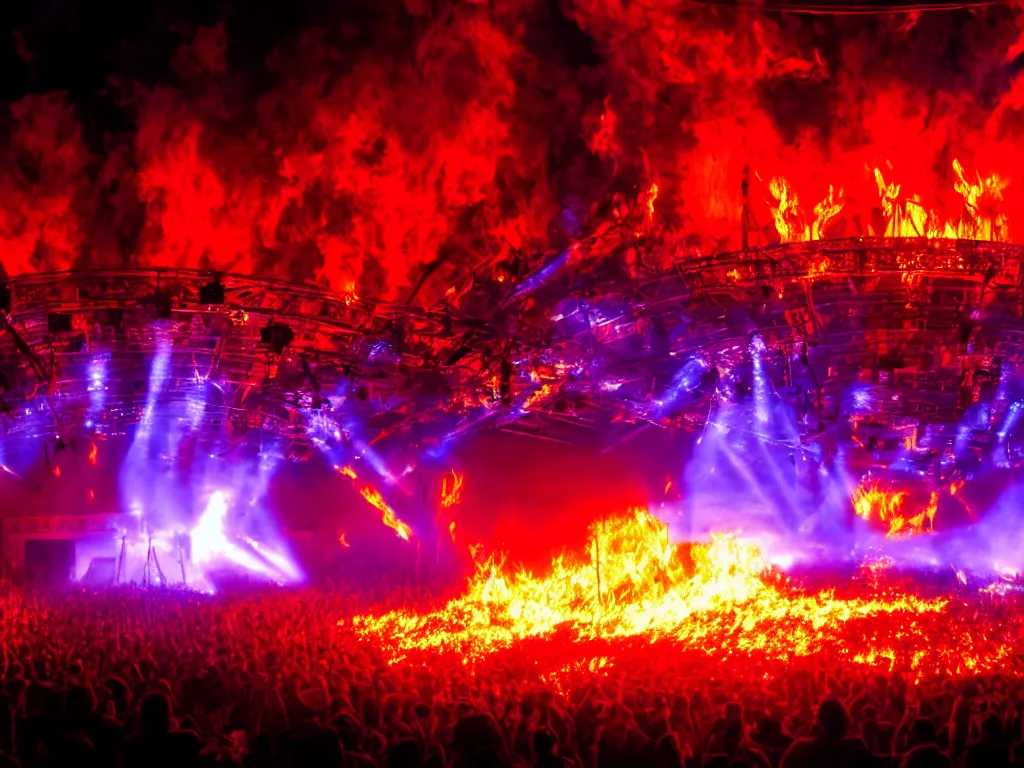 Prompt: 4 k photograph of a concert in hell, brightly lit stage centered and on fire, high contrast, stage lighting, pyrotechnics, ghibli animated film, volumetric lighting,