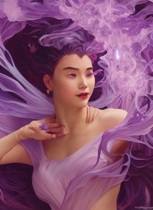 Image similar to madam mim, purple smoke aura in motion, floating pieces, painted art by tsuyoshi nagano, greg rutkowski, artgerm, alphonse mucha, spike painting