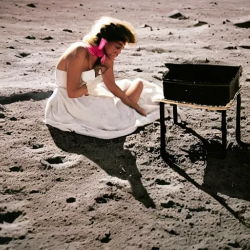 Prompt: beautiful romantic picnic on the moon looking at earth