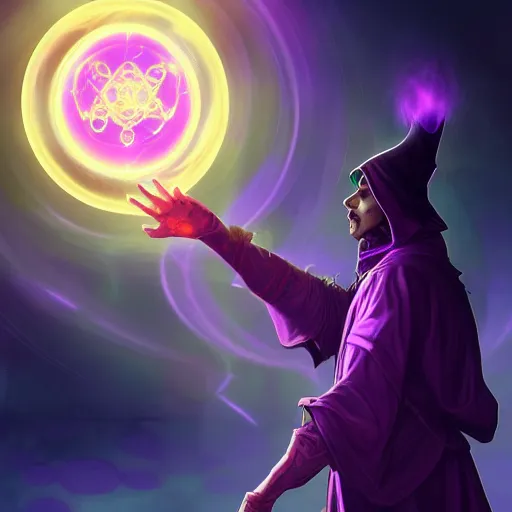 Image similar to a warlock is casting a magic spell, while magic orb is floating in his hand, the magic orb emit a purple vapour, dynamic pose, chromatic aberration , medium level shot, Mucha style , Grim fantasy, illustration ,digital painting, concept art,