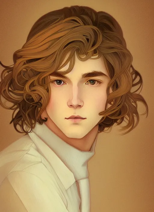 Image similar to pretty young man with shoulder length shiny shimmering golden blond hair, path traced, highly detailed, high quality, digital painting, by studio ghibli and alphonse mucha, leesha hannigan, disney