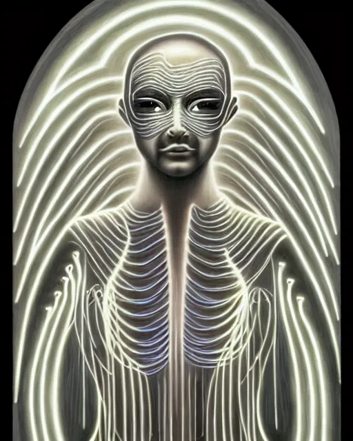 Prompt: Ethereal Enigma Being of light angelic humanoid cyberpunk cyborg with wire carved out of ivory by alex grey