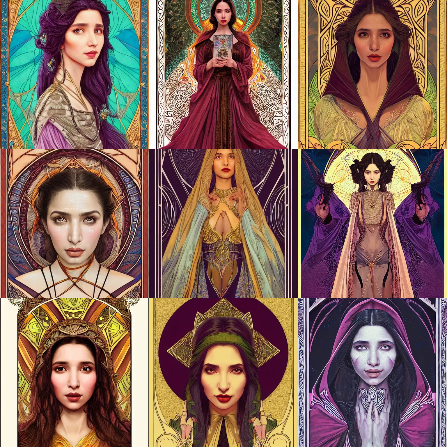 Image similar to head-on symmetrical centered painted portrait, Mahira Khan as a D&D wizard, art nouveau, tarot card style, medieval robes, fantasy, intricate, elegant, highly detailed, smooth, sharp focus, illustration, artstation, in the style of Artgerm and Anna Podedworna and Alex Ross and Mucha