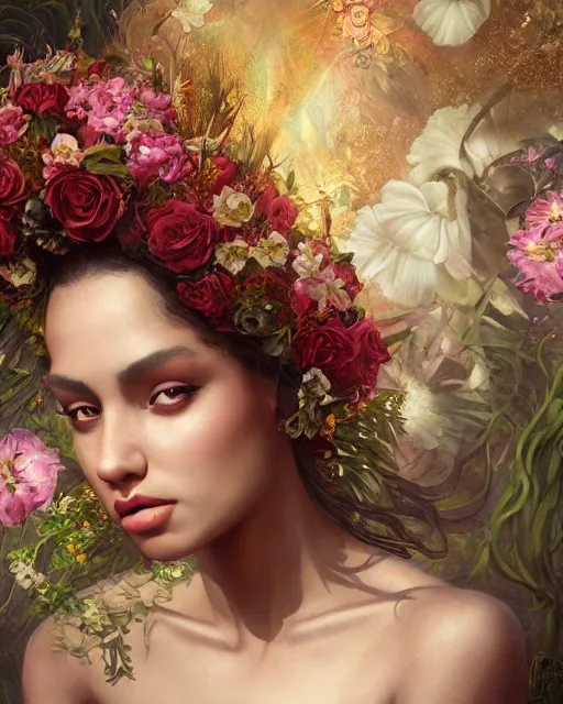 Image similar to portrait of the mulatto queen of the underworld, surrounded by flowers by karol bak, james jean, tom bagshaw, rococo, sharp focus, trending on artstation, cinematic lighting, hyper realism, octane render, 8 k, hyper detailed.