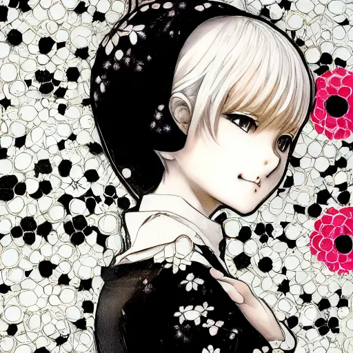 Image similar to realistic illustration of an anime girl with short white hair and black eyes wearing tuxedo in the style of yoshitaka amano, floral black and white patterns on the background, noisy film grain effect, highly detailed, Renaissance oil painting