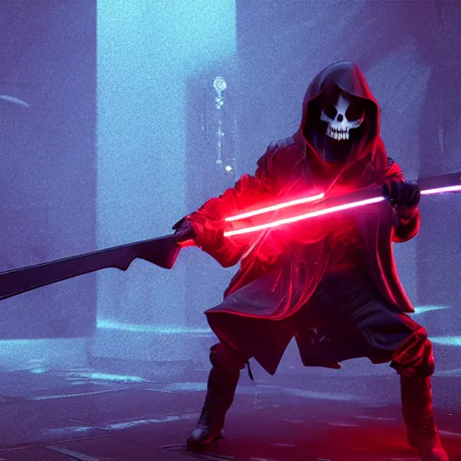 Image similar to hyperrealistic neon grimm reaper holding a scythe, photorealistic cinematic render, octane render, cyberpunk in hell, fog, fire, 8 k, unrealengine