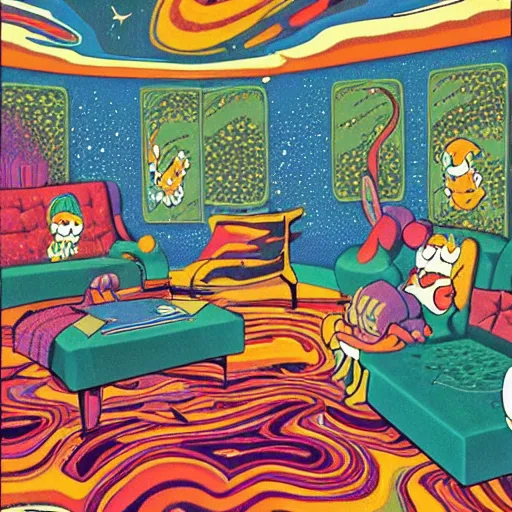 Prompt: psychedelic trippy couch pine forest, planets, milky way, sofa, cartoon by carl barks