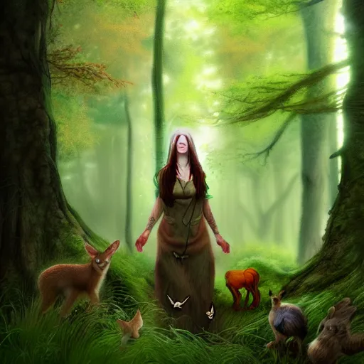 Image similar to a female woodland druid surrounded by forest animals, in the woods, hyper realistic, digital painting, photorealistic, in the style of greg rutkowski, detailed