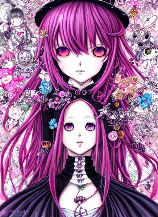 Image similar to dark fantastic manga beautiful cat girl witch aside a grait robot, pink hair, rococo dress, symmetrical face, portrait, cute, fairy, by mai yoneyama, takeshi obata, katsuhiro otomo, detailed background, artstation, highly detailed, colorful, maximalist