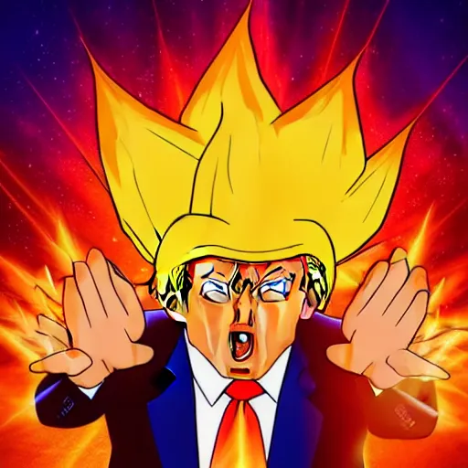 Image similar to portrait of Donald Trump from dragon ball z with glowing golden aura flying over a desert field, super saiyan 3, yellow spiky hair, high quality photo
