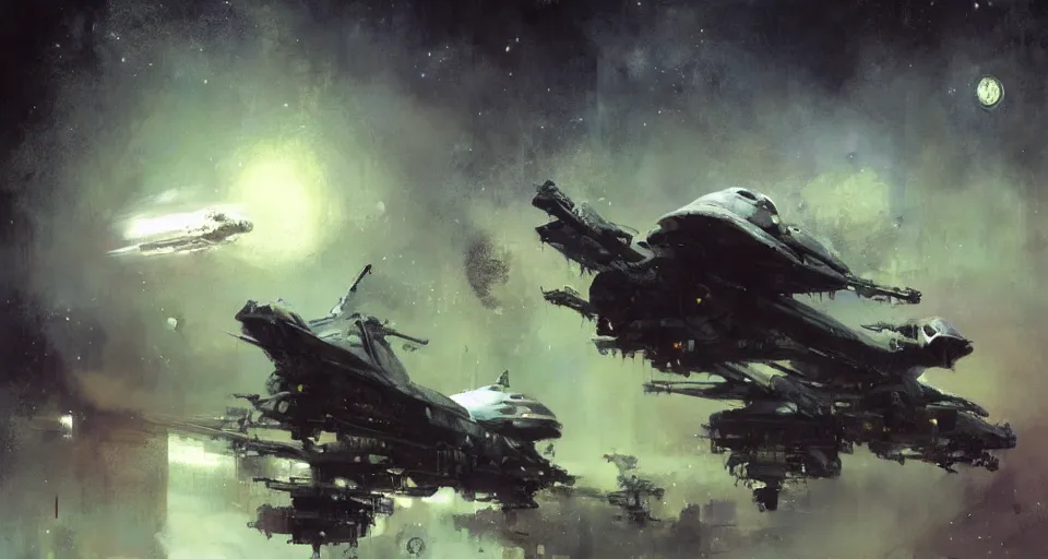 Prompt: spaceship, by jeremy mann, peter elson.