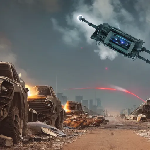 Image similar to machines and robot soldiers run on the horizon in a deserted street full of machines and wrecked cars. there are destroyed and abandoned buildings in the background. rockets take off on the horizon leaving this planet that has become uninhabitable, 4k, highly detailed, cinematic render