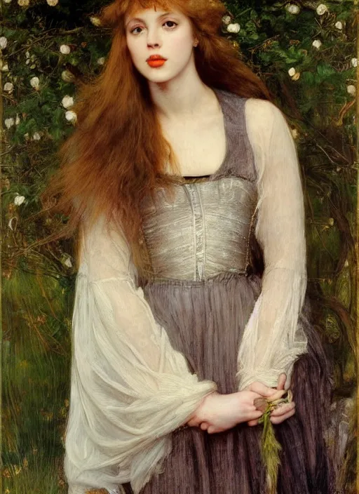 Image similar to a beautiful painting of young kylie minogue by John Everett Millais and Dante Gabriel Rossetti and John Collier and john william waterhouse, pre-raphaelite, detailed, trending on artstation, hd, masterpiece