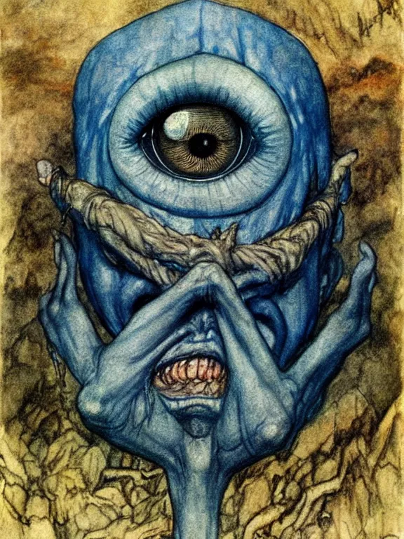 Prompt: one-eyed single-eyed fantasy blue-skinned Polyphemus concept art with one huge eye. Extremely high detail, details, realistic, fantasy art, solo, masterpiece, full-face portrait painting, saturated colors, art by Arthur Rackham, Muzinabu, Johann Tischbein