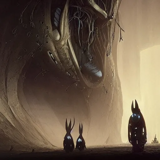 Image similar to extremely detailed cinematic movie still hollow knight by denis villeneuve, wayne barlowe, simon birch, marc simonetti, philippe druillet, beeple,