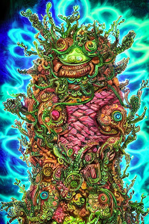 Image similar to creature sushi roots cactus elemental flush of force nature micro world fluo light deepdream a wild amazing steampunk baroque ancient alien creature, intricate detail, colorful digital painting radiating a glowing aura global illumination ray tracing