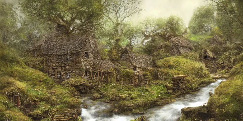Prompt: a small surreal serene fantasy village on the edge of the woods, small stream, water wheel, by alan lee, lord of the rings, smooth, detailed terrain, oil painting, matte painting, concept art, trending on artstation