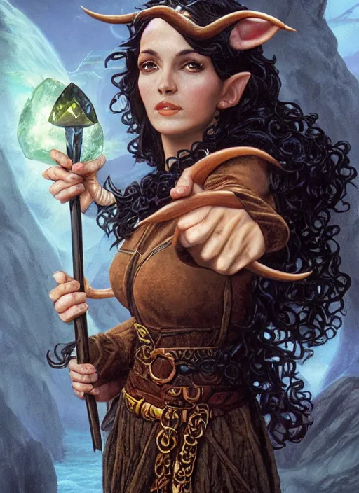 Image similar to a beautiful elf witch with long curly dark hair, holding a wand with a very large magical gemstone at the top radiating energy, d & d fantasy character, detailed matte painting, studio lighting, octane render, by larry elmore and michael whelan