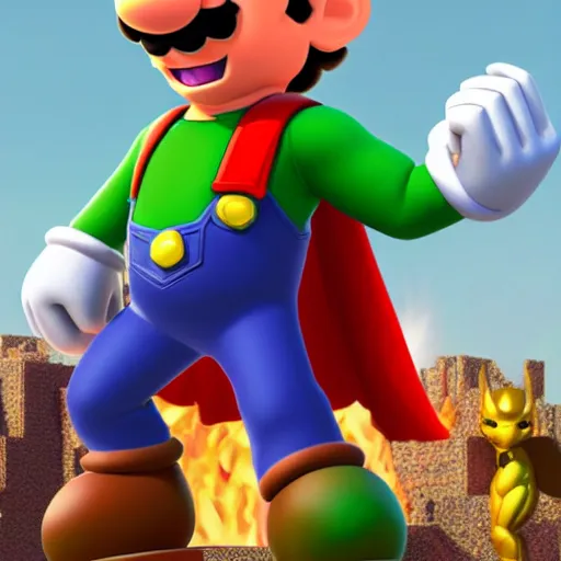 Image similar to super mario standing atop a defeated thanos, highly detailed, photorealistic