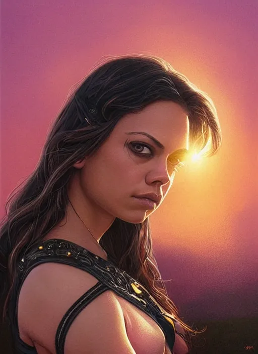 Image similar to epic portrait of Mila Kunis wearing black choker, a very strong muscled Amazon heroine, sun beams across sky, pink golden hour, intricate, elegance, highly detailed, shallow depth of field, epic vista, concept art, art by Artgerm and Donato Giancola, Joseph Christian Leyendecker