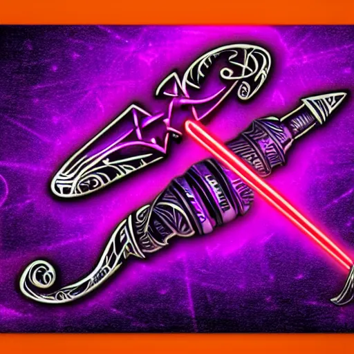 Image similar to a magic wand glowing red and purple energy, engraved with runes, in the style of artgerm.