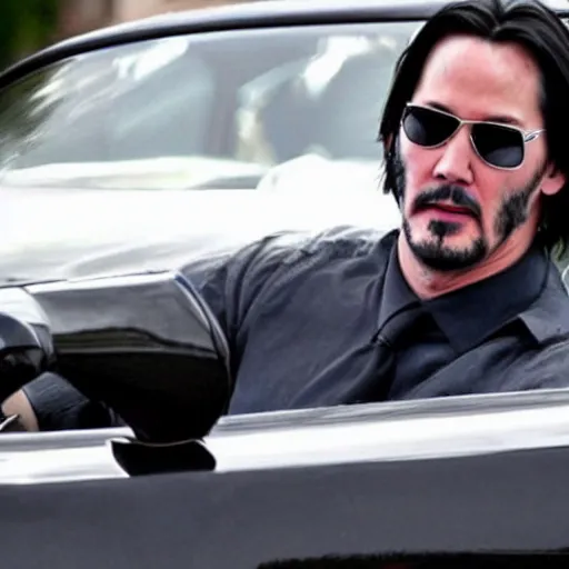 Prompt: Keanu Reeves driving ford mustang