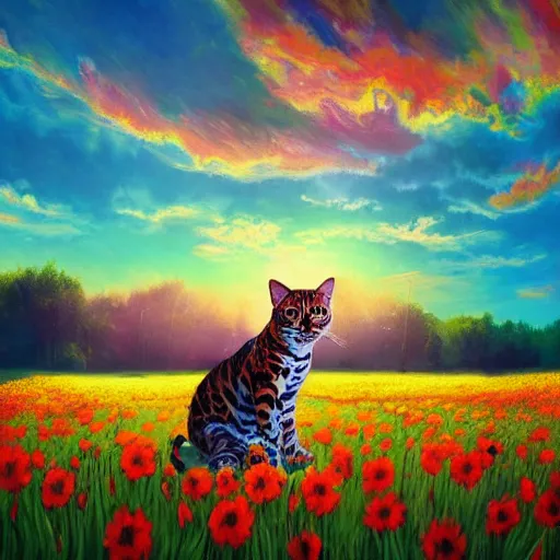 Image similar to a savannah bengal hybrid cat, surreal photography, flower field, beautiful sunset on a summer day light, impressionist painting, colorful clouds, blue sky, digital painting, artstation, simon stalenhag