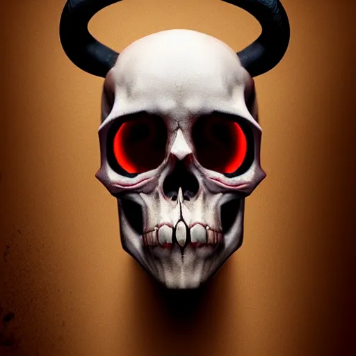 Image similar to hyper realistic skull with bull horns coming out of eye sockets, red, artstation, 8 k render, octane, fueled by caffeine : : tim burton