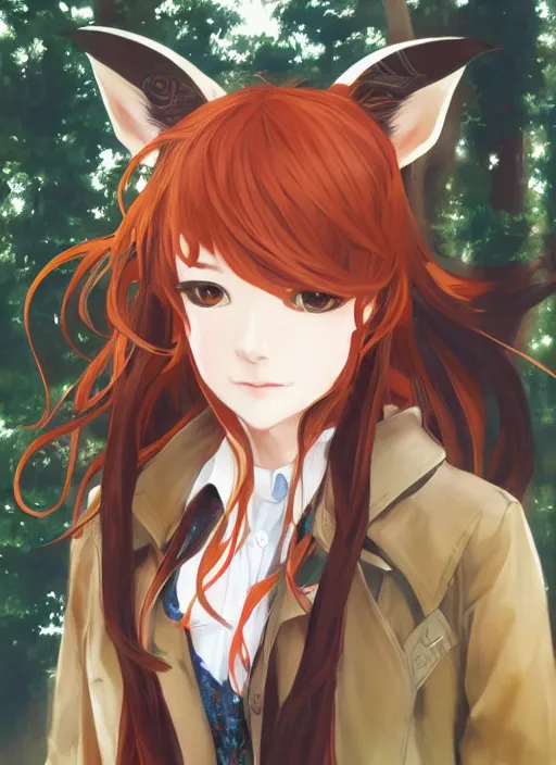 Image similar to portrait painting by shigenori soejima, girl, fox ears, focus on face, forest background, pretty, cinematic lighting, painterly, long wavy orange hair, light brown trenchcoat