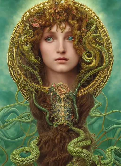 Prompt: ultradetailed ornate pre-raphaelite RPG illustration of beautiful symmetric Medusa radiating glowing aura wearing an art nouveau flowery armor with much decorum and modesty, digital airbrush painting, 3d rim light, hyperrealistic masterpiece, artstation, cgsociety, kodakchrome, golden ratio