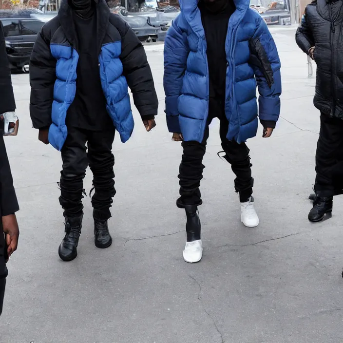 Image similar to kanye west using a full face covering black mask, a small bright blue round puffer jacket made of nylon and big black rubber boots,