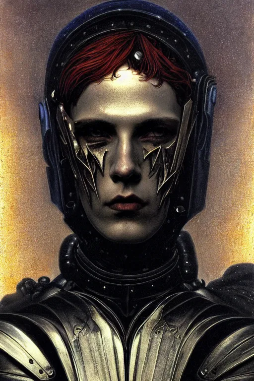Image similar to portrait of beautiful gothic and futuristic young man with a lot of scars, more thunderstorm, dressed in cyber armor, a lot of scars, firestorm hair, the middle ages, highly detailed, artstation, illustration, art by jean delville and leon gerome and vincent disederio, 8 k quality