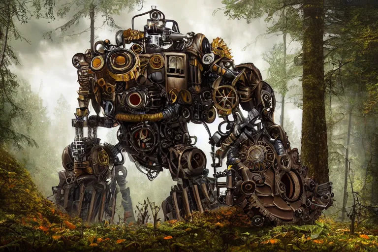 Prompt: steampunk colossal mech battlerobot standing a swedish forest, very low angle photograph, trending on artstation, cgstation, intricate, very detailed