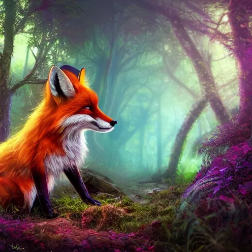 Image similar to Photorealistic fox queen of the enchanted forest. Hyperdetailed photorealism, 108 megapixels, amazing depth, glowing rich colors, powerful imagery, psychedelic Overtones, 3D finalrender, 3d shading, cinematic lighting, artstation concept art
