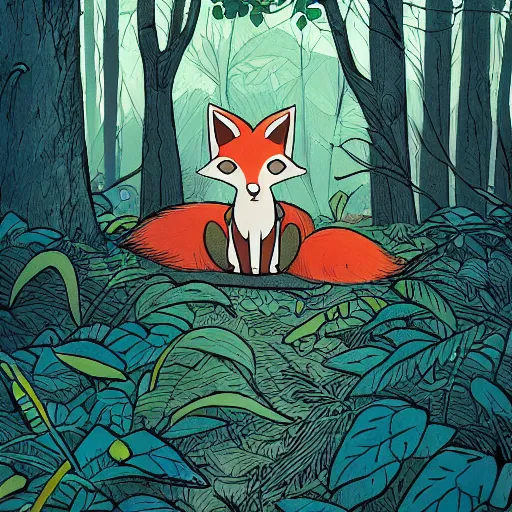 Image similar to childrens book illustration of a cute cartoon fox in the woods, style of moebius, james jean, mcbess, cinematic, highly detailed, award winning, 8 k photorealistic