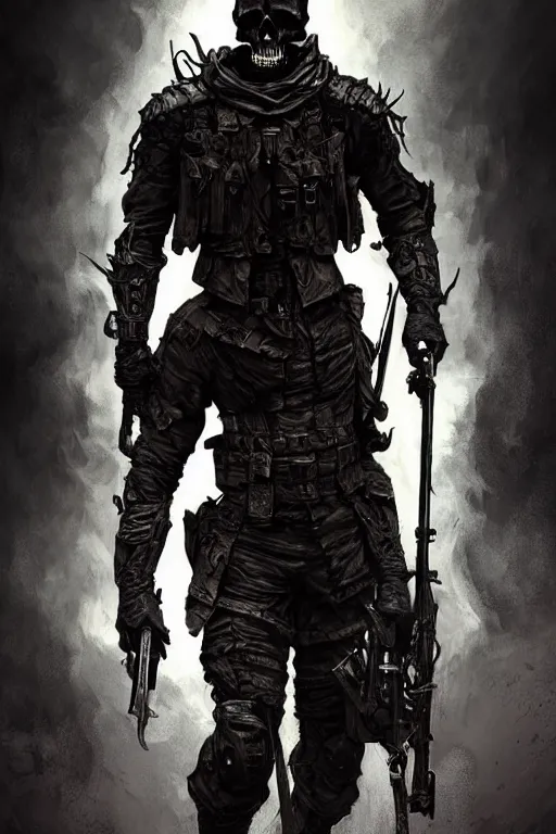 Prompt: full body portrait of an evil soldier, dark magic, skull face, man, heroic pose, full body, dramatic lighting, dark and horror, dust and blood, lightning, intricate, wild, highly detailed, digital painting, artstation, concept art, smooth, sharp focus, illustration, art by artgerm and greg rutkowski and alphonse mucha, footage from space camera