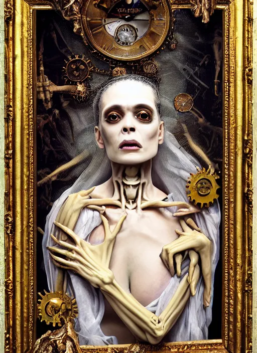 Prompt: la pieta ultrarealistic ultradetailed medium shot painting of slimy catholic veiled transparent bride of frankenstein with skeleton still life, nervous system, steampunk internal organs, greg rutkowski, peter gric, immerse, 1 9 th, special effects makeup, maximalist, glittering, gold, ivory, hyperreal, golden ratio, alphonse mucha