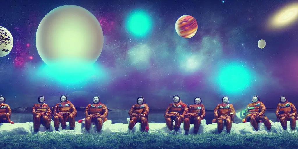 Prompt: twelve cosmonauts sitting by the river with a big holiday cake + octane render + ue 5 + planets and stars + mystical fog + psychedelic colors + trippy colors + super detail, high quality