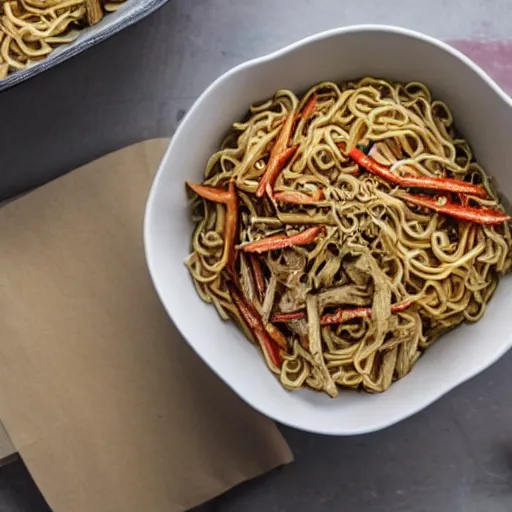 Prompt: noodles in styrofoam bowl,