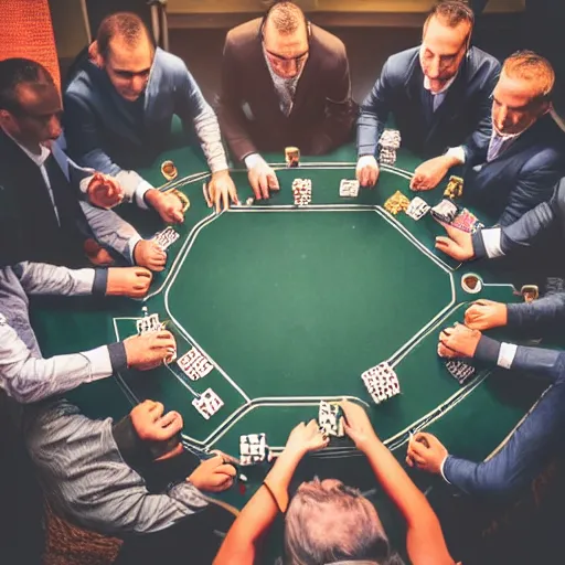 Prompt: a photo of a very large empty room in the bottom centre is a group of business men playing poker zoomed out from from the camera, cold lighting, award winning photo, monotone