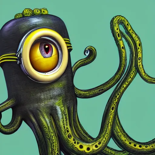 Prompt: Minion as Lovecraft's monster, a lot of tentacles, evil, angry face, dark colours, green colours, high resolution, 50 mm, extremely realistic, cave