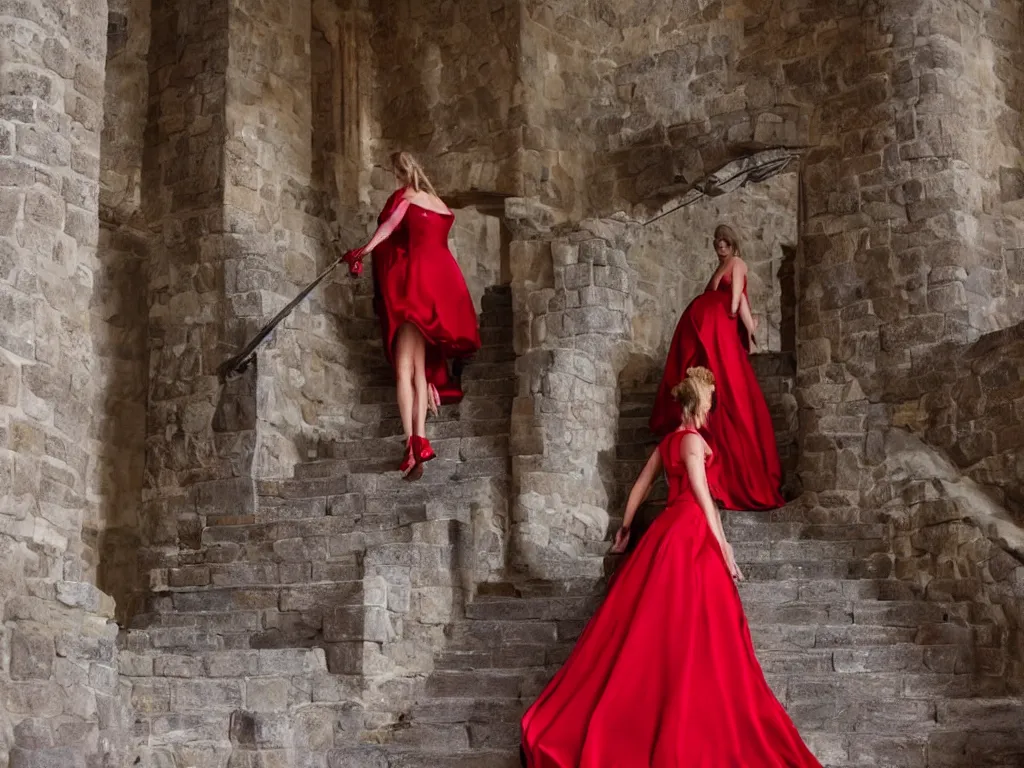 Image similar to An impressive castle entrance, a beautiful woman wearing a red dress, coming down the stairs, sided by two fierce Dobermans, art directed by Martin de Thurah and shot by Kasper Tuxen