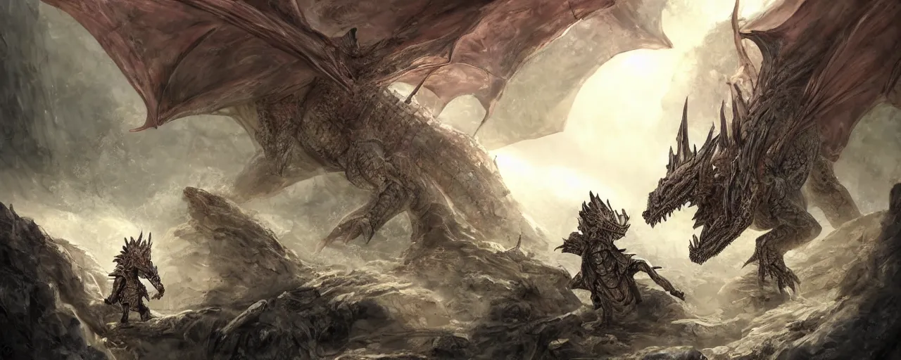 Prompt: an armored knight toddler confronting a large red scaly dragon sleeping on a mountain of human bones in a dark dusty cave with a ray of light shining on its face. The knight is very small in comparison to the dragon. The cave is full with sparkling gemstones. Very detailed. 8k. Fantasy. 30mm, trending on ArtStation, deviantart.