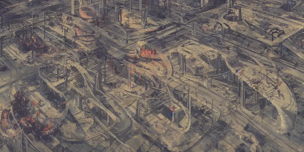 Image similar to Aerial shot of a Soviet era science fiction set painted by James Jean, cinematography by Yo-Yo Ma, composition by Fritz Lang