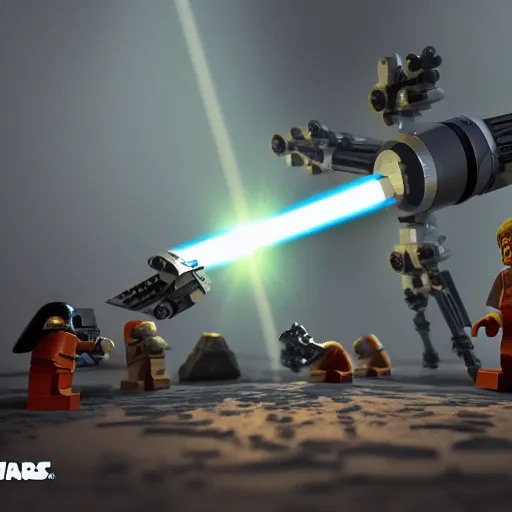 Image similar to a lego star wars battle scene with a person holding a light saber, a 3D render by George Lucas, cg society contest winner, toyism, #vfxfriday, reimagined by industrial light and magic, anamorphic lens flare